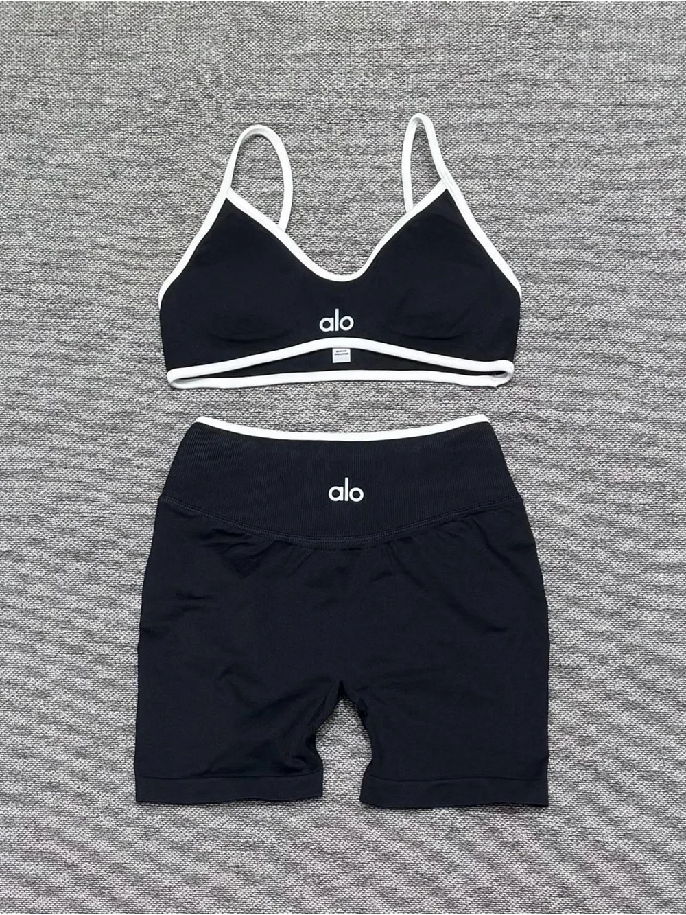 ALO Yoga Black and White Ribbed Bike Shorts and Bralette Set